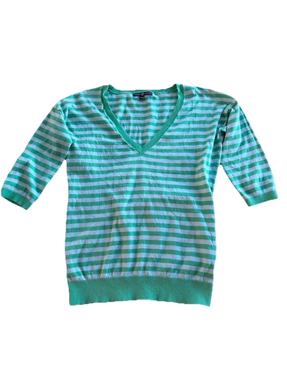 Gap Y2K Green Striped V Neck short Sleeves Lightweight Sweater Medium